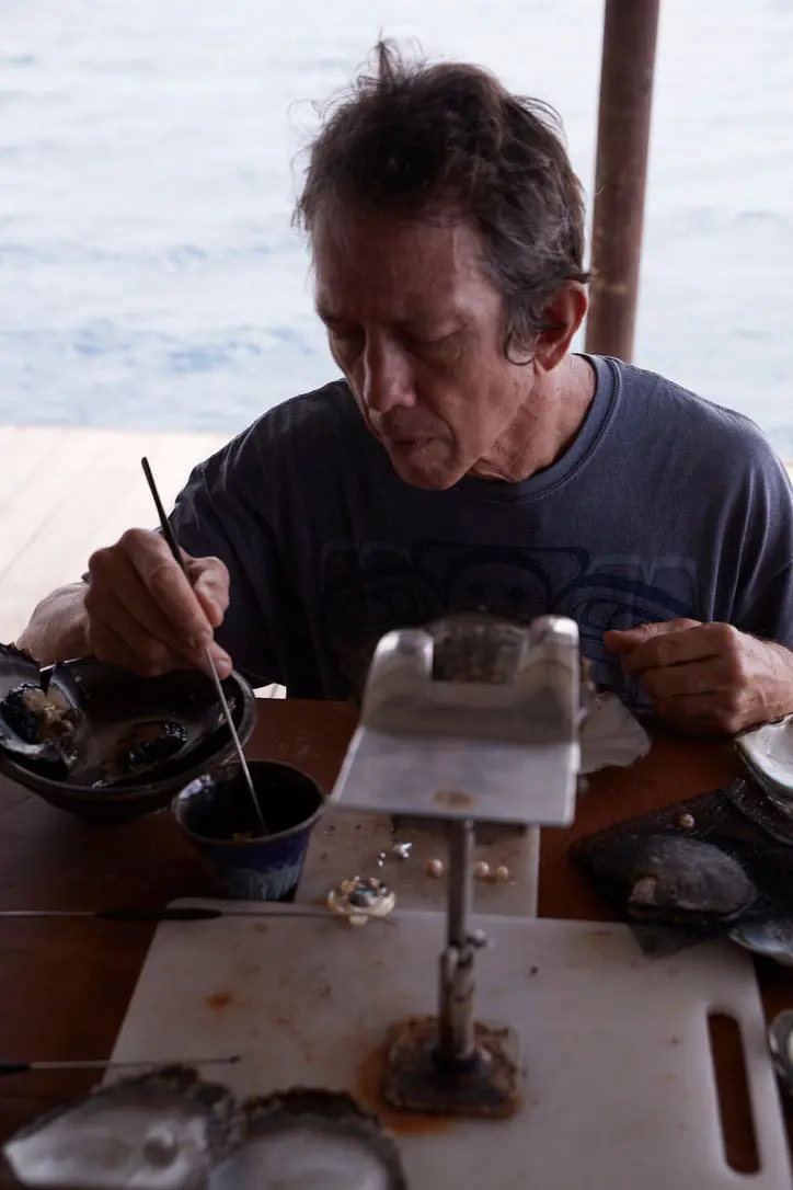 Peter-Owner-working-pearl Peter Owen, Owner of the Pearl Farm working on a Polynesian oyster